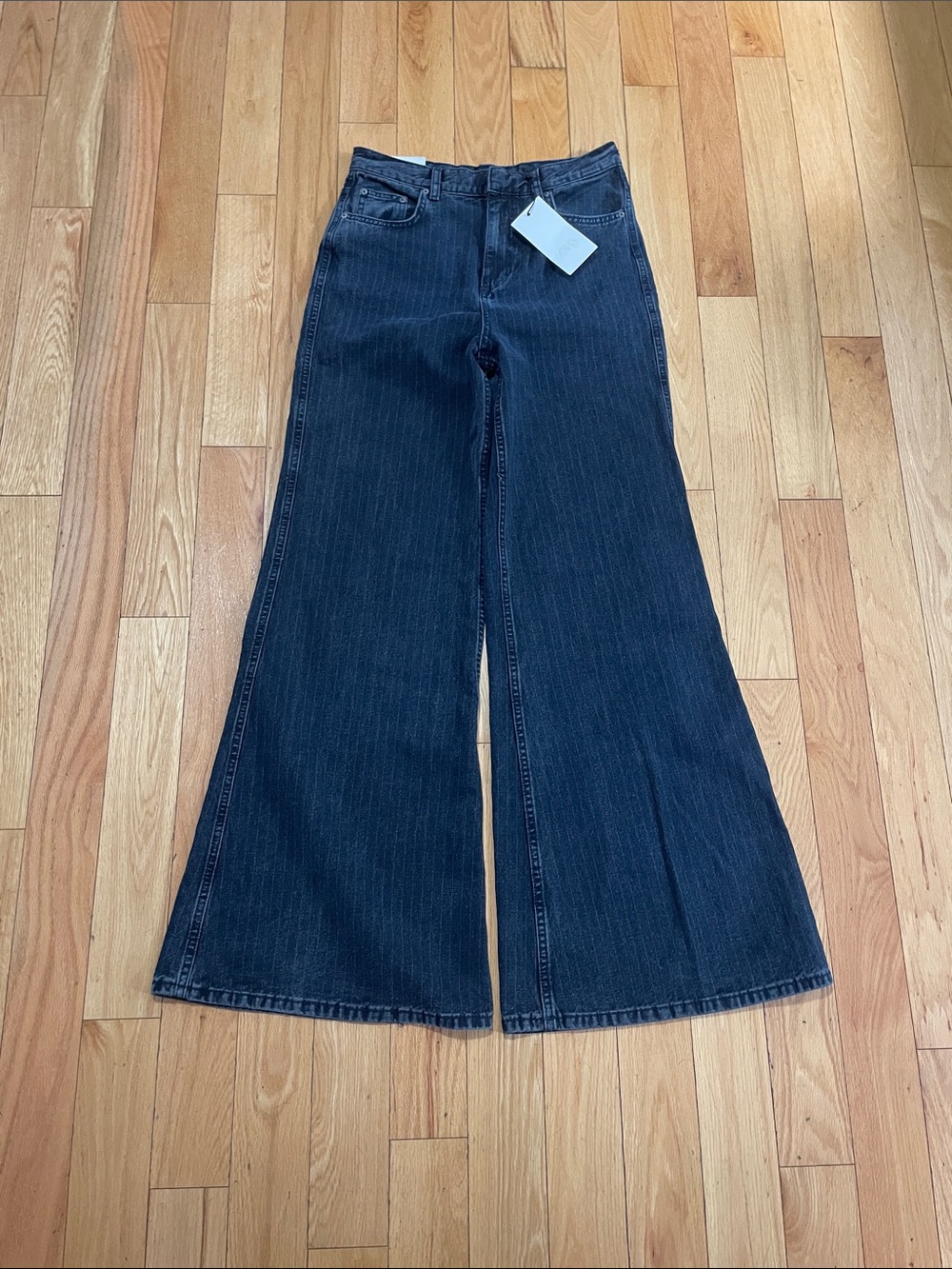 Zara Navy Pinstripe High-Waist Wide Leg Jeans